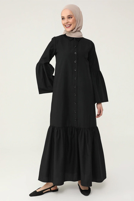 Refka Casual Siyah Volanlı Pamuklu Elbise