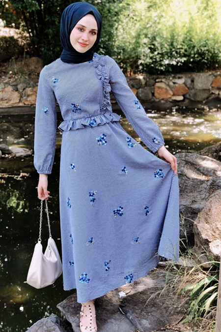BRTC Design Mavi Çiçekli Miya Elbise