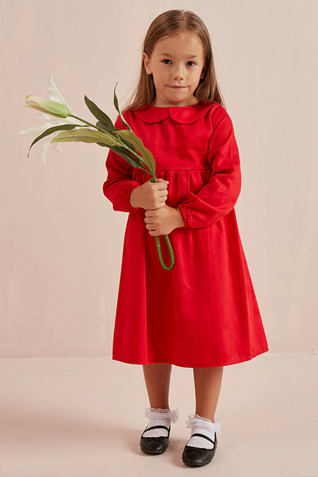 Ceylan Otantik Kırmızı Düz Renk Bebe Yaka Robalı Çocuk Elbise