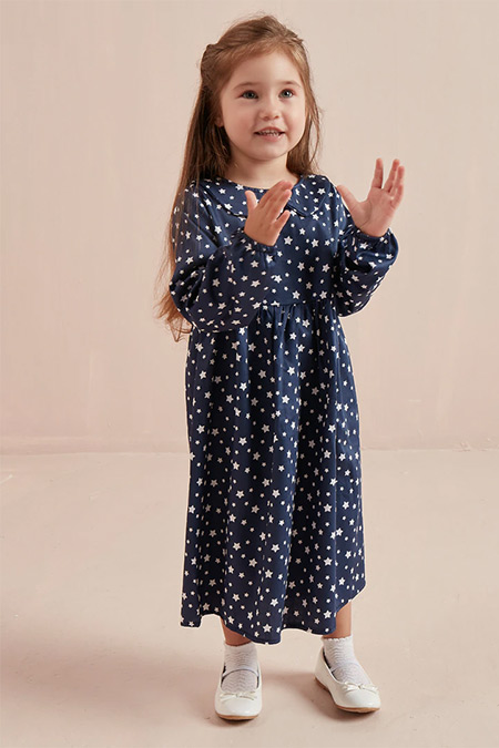 Ceylan Otantik Lacivert Yıldızlı Bebe Yaka Robalı Çocuk Elbise