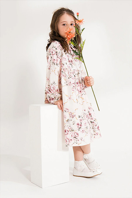 Ceylan Otantik Pembe Çiçekli Kız Çocuk Elbise