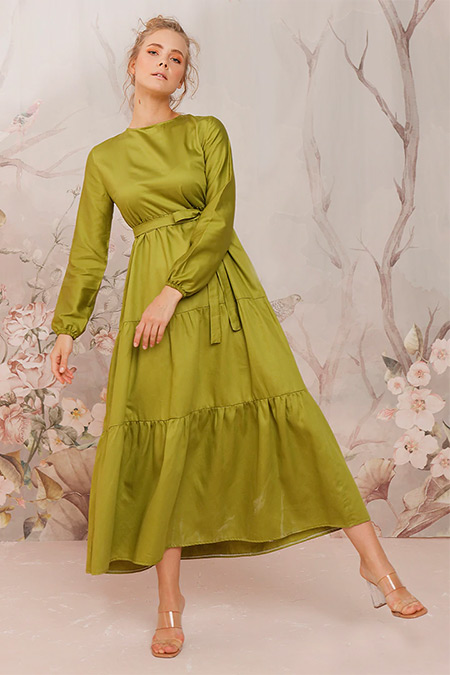 Ceylan Otantik Yeşil Düz Renk Kat Kat Elbise