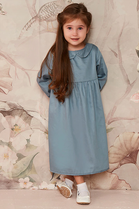 Ceylan Otantik İndigo Düz Renk Bebe Yaka Robalı Çocuk Elbise