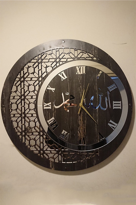Lazerlimazerliişler 50 Cm Ahşap ve Ayna Allah-Muhammed Motifli Duvar Saati