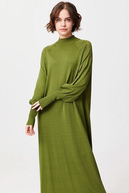 Tığ Triko Yeşil Reglan Kol Triko Elbise