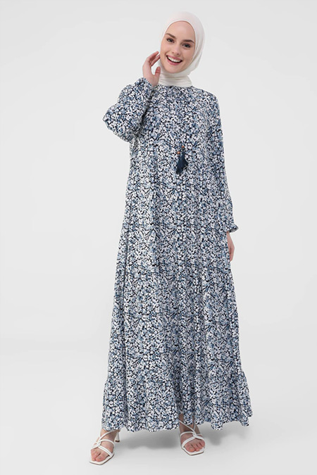 Refka Casual Mavi Doğal Kumaşlı Yakası Bağcıklı Çiçek Desenli Elbise
