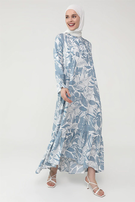 Refka Casual Mavi Nervür Detaylı Kolu Volanlı Yaprak Desenli Elbise