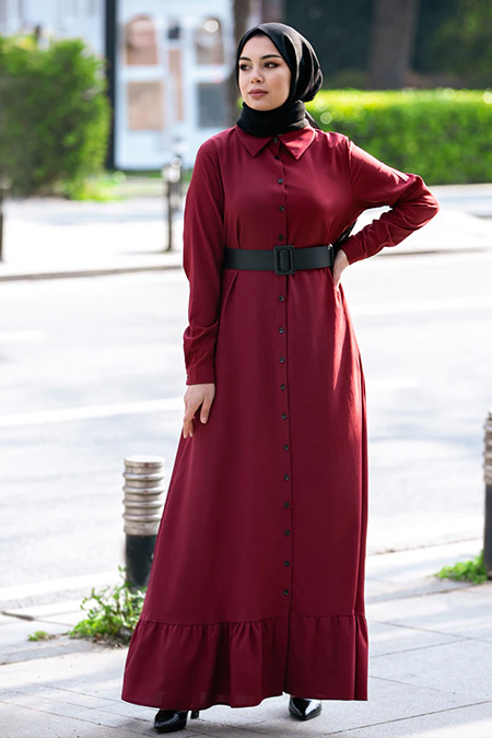 Tavin Bordo Boydan Düğme Detaylı Elbise