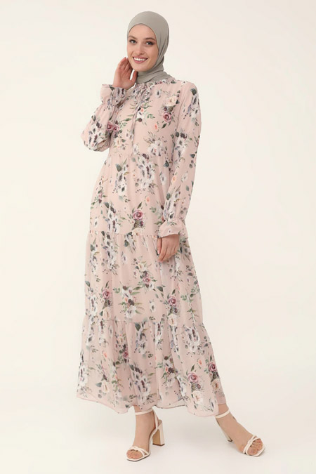 Refka Pudra Çiçekli Yakası Bağlamalı Şifon Rahat Kesim Elbise