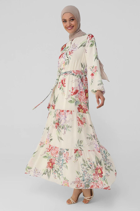 Refka Pembe Yarım Patlı Çiçekli Şifon Elbise