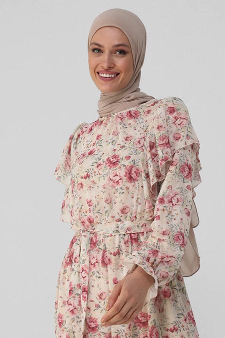 Refka Pembe Çiçekli Volan Detaylı Çiçekli Şifon Elbise