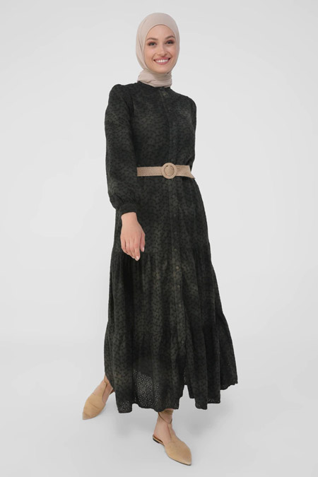 Refka Natural Siyah Hasır Kemer Detaylı Batik Fisto Elbise