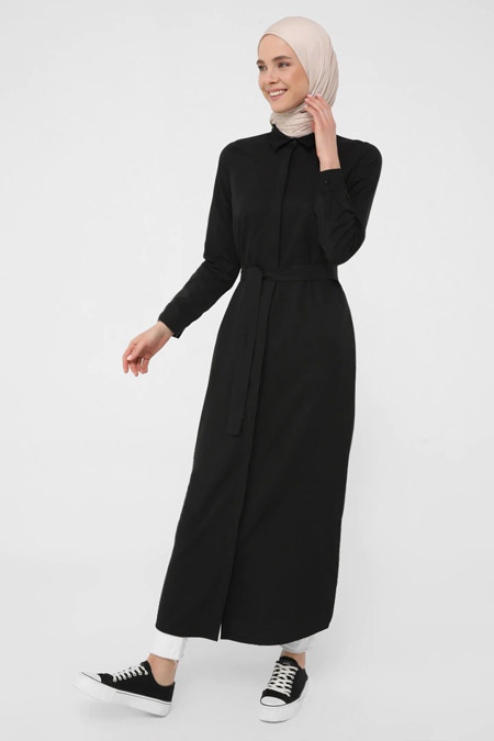 Refka Siyah Oxford Kumaştan Gizli Düğmeli Uzun Gömlek Elbise