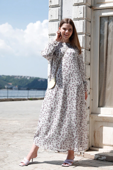 Alia Lila Büyük Beden Kol Uçları Gipe Detaylı Astarlı Elbise
