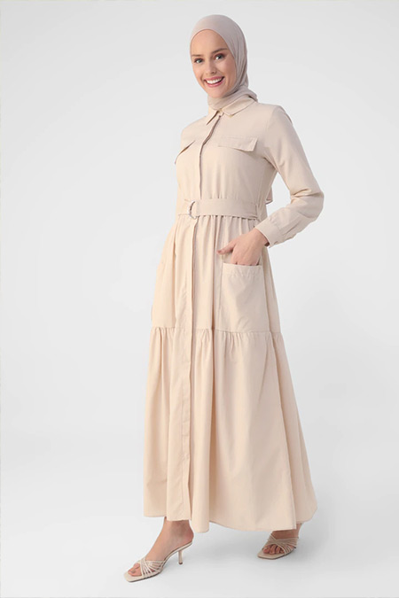 Refka Badem D Tokalı Kendi Kumaşından Kemerli Cep Detaylı Elbise