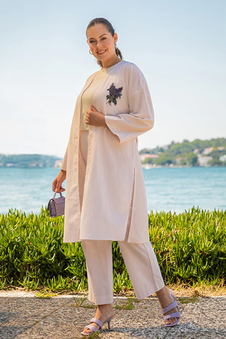 Alia Ekru Büyük Beden Doğal Kumaşlı Kimono&Pantolon İkili Takım