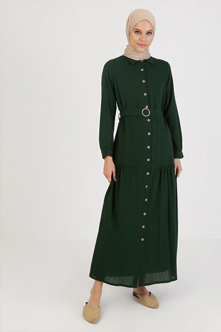 Elis Şile Bezi Yeşil Düğmeli Şile Bezi Elbise