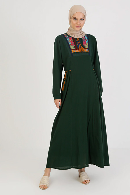 Elis Şile Bezi Yeşil Nakış Detaylı Şile Bezi Elbise