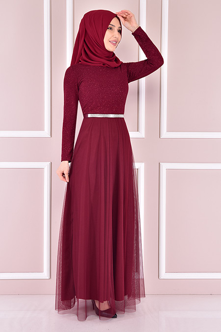 Modamerve Bordo Simli Abiye