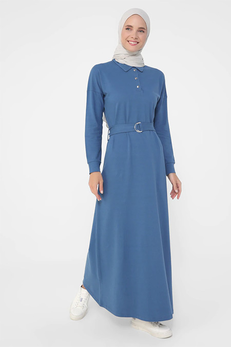 Refka Açık Lacivert Doğal Kumaşlı Yakası Çıtçıtlı Kemerli Elbise