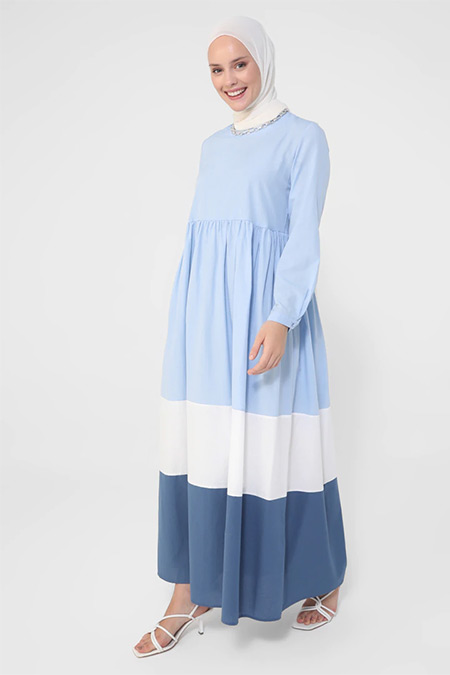 Refka Mavi Beyaz İndigo Renk Bloklu Eteği Geniş Pamuklu Elbise