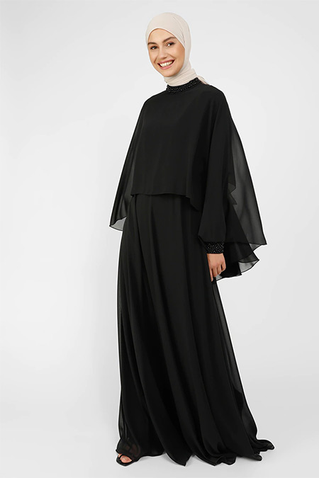 Refka Siyah Boncuk Detaylı Tül Abiye Elbise