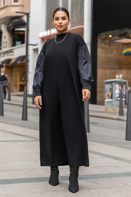 Alia Siyah Büyük Beden Kol Uçları Gipe Detaylı Garnili Elbise