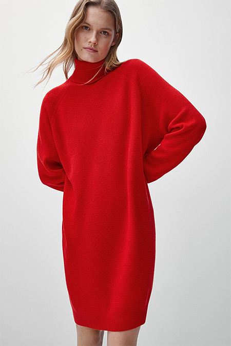 Massimo Dutti Kırmızı Fitilli Örgü Yün Elbise Tunik