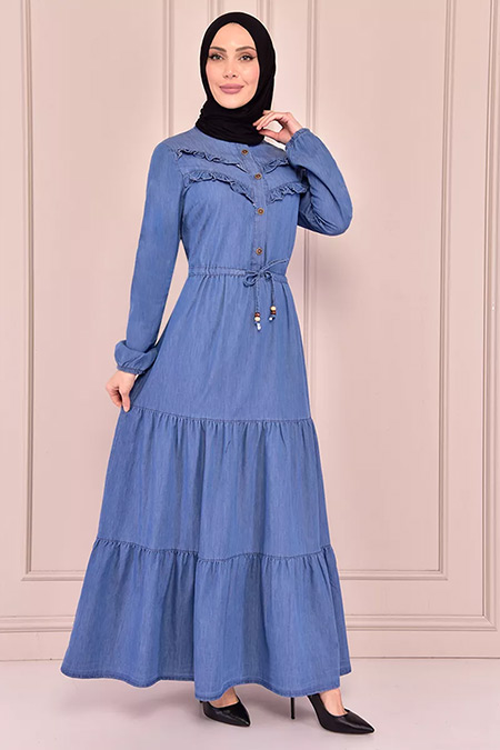 Modamerve Açık Mavi Bağcık Detay Kot Elbise