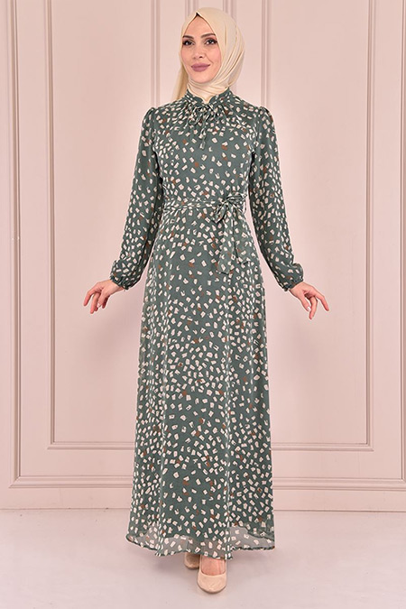 Modamerve Mint Kuşaklı Şifon Elbise