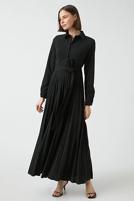 Koton Siyah Gömlek Yaka Kuşaklı Uzun Plili Elbise