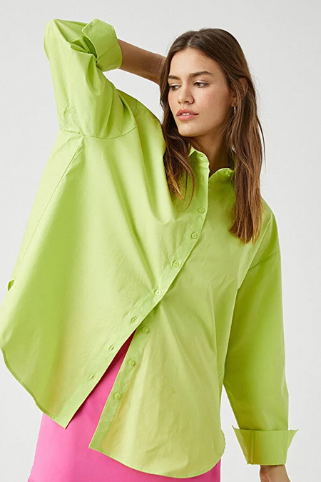 Koton Yeşil Uzun Kollu Poplin Oversize Gömlek