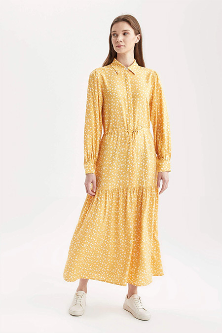 DeFacto Sarı Regular Fit Floral Desenli Viskon Maxi Gömlek Elbise