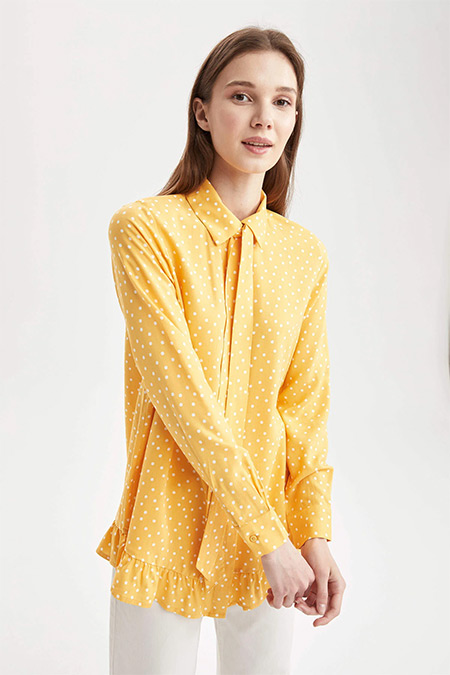 DeFacto Sarı Relax Fit Puantiye Desenli Yakası Bağlama Detaylı Gömlek Tunik