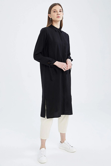DeFacto Siyah Regular Fit Uzun Kollu Kol Ucu Bağlamalı Gömlek Tunik