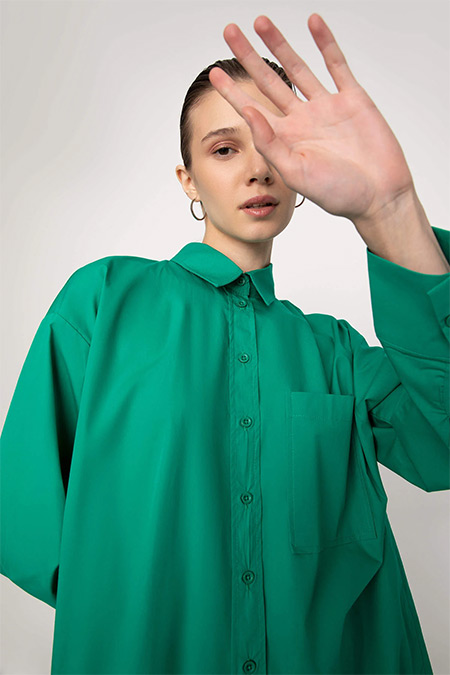 DeFacto Yeşil Regular Fit Poplin Uzun Kollu Dokuma Gömlek Tunik