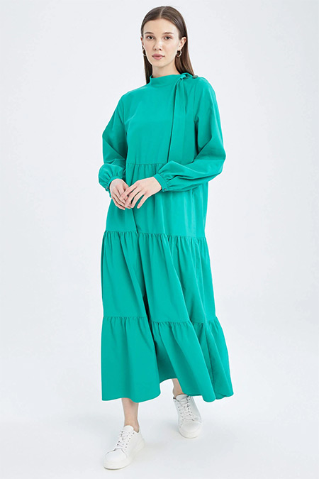 DeFacto Yeşil Relax Fit Fular Yaka Uzun Kollu Volanlı Poplin Uzun Elbise