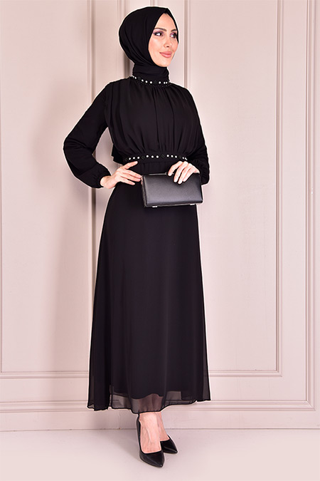 Modamerve Siyah Kuşaklı Şifon Elbise