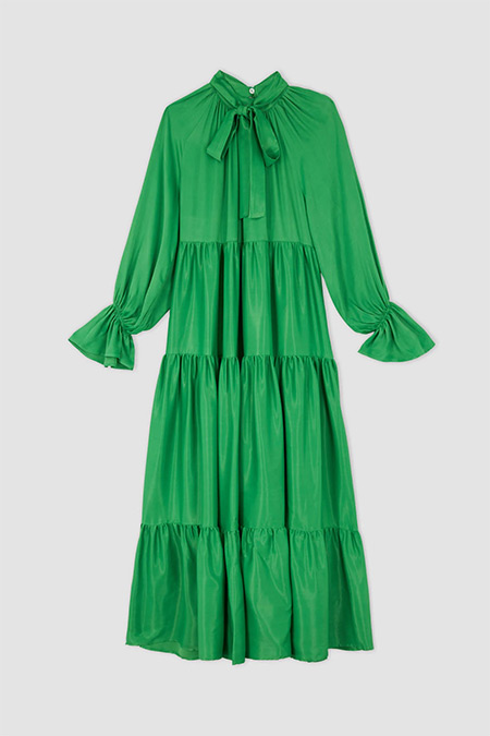 Nihan Peker x DeFacto Yeşil Yakası Fiyonklu Volanlı Maxi Tasarım Elbise