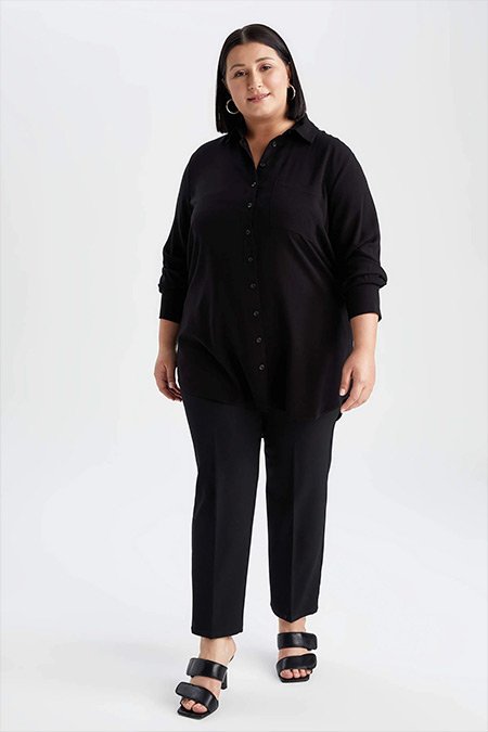 DeFacto Siyah DF Plus Büyük Beden Regular Fit Uzun Kollu Gömlek Tunik