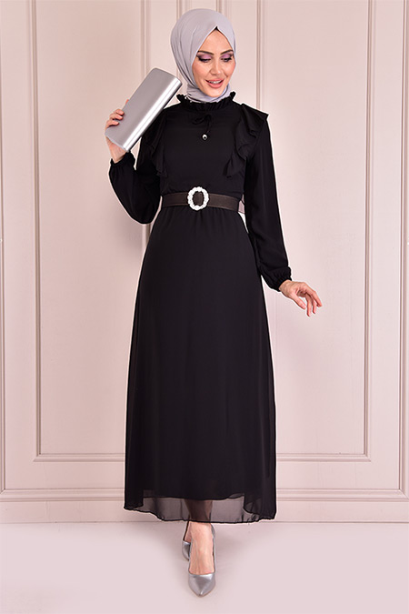 Modamerve Siyah Kemerli Şifon Elbise