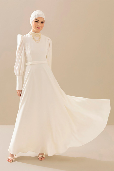 Refka Beyaz Yakası İnci Detaylı Abiye Nikah Elbisesi