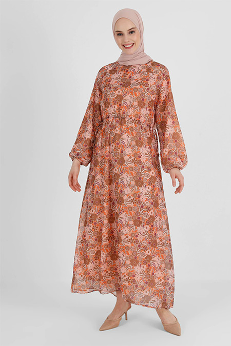 Refka Oranj Çiçek Desenli Beli Bağcıklı Yoryo Şifon Elbise