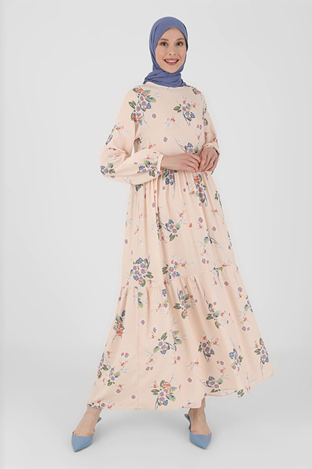Refka Pudra Doğal Kumaşlı Çiçek Desenli Elbise