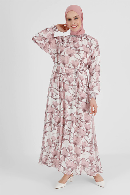Refka Pudra Çiçek Desenli Gipe Detaylı Yoryo Şifon Elbise