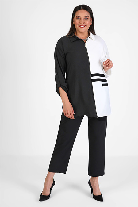 Alia Siyah Beyaz Büyük Beden Boydan Fermuarlı İki Renkli Tunik