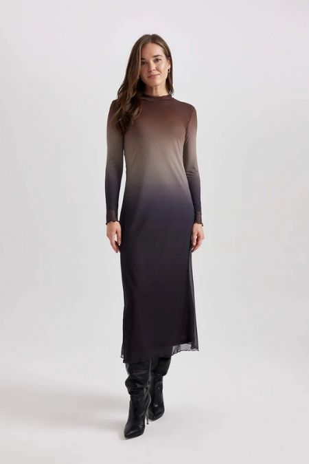 DeFacto Siyah Degrade Geçişli Uzun Kollu Tül Maxi Elbise
