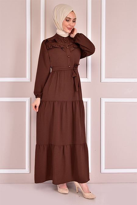Modamerve Kahverengi Düğmeli Elbise