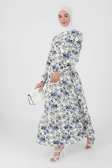 Refka Ekru Mavi Doğal Kumaşlı Çiçek Desenli Tesettür Elbise