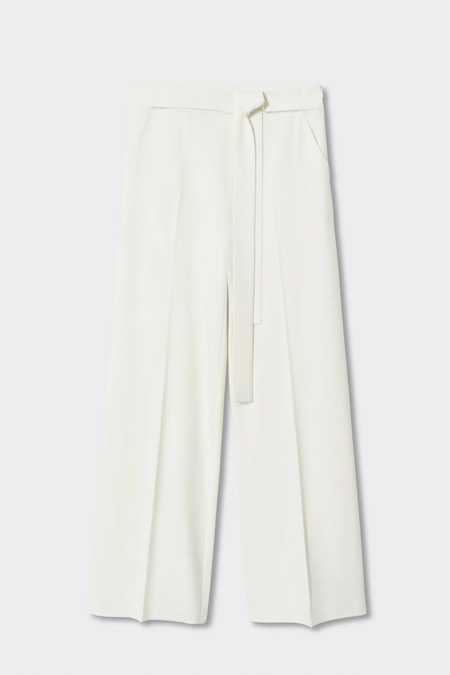 Mango Kırık Beyaz Bağ Detaylı Dökümlü Düz Kesim Pantolon
